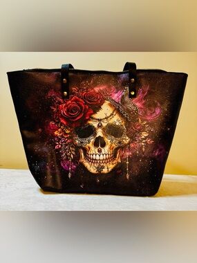 Skull & Roses Graphic 18x12 Tote Bag in Black with Red, purple, and pink accents